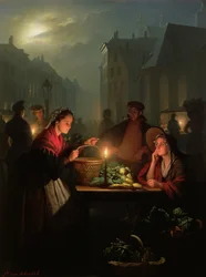 Un puesto de verduras de noche